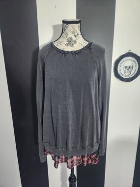 Love & Legend Gray Top with Red Plaid Trim